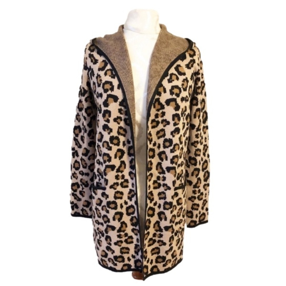 NWT Rachel Zoe Open Longline Cardigan Animal Leopard Print Hood Lagenlook XS